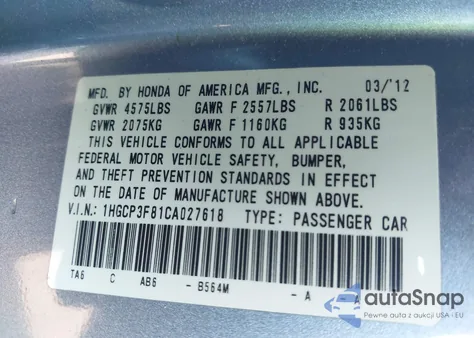 2012 Honda Accord 3.5 Ex-L z USA, uszkodzony, nr VIN 1HGCP3F81CA027618